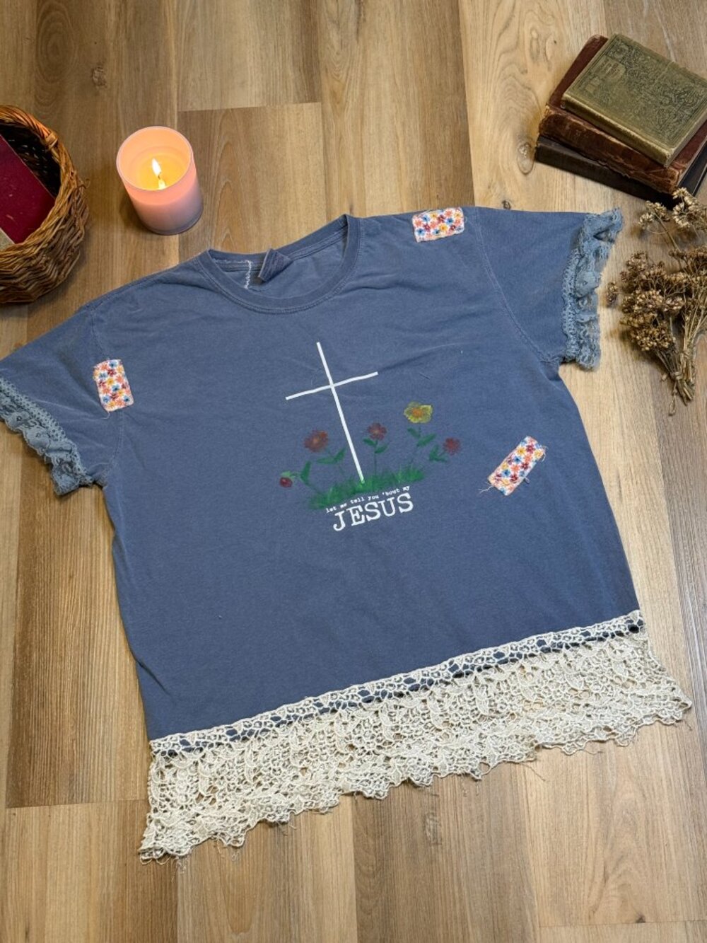 Upcycled Christian Lace Top | Handmade Faith Graphic Tee | Floral Cross Shirt